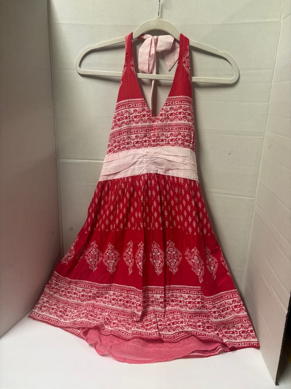 Red Halter Maxi Dress with Pink Waist Band